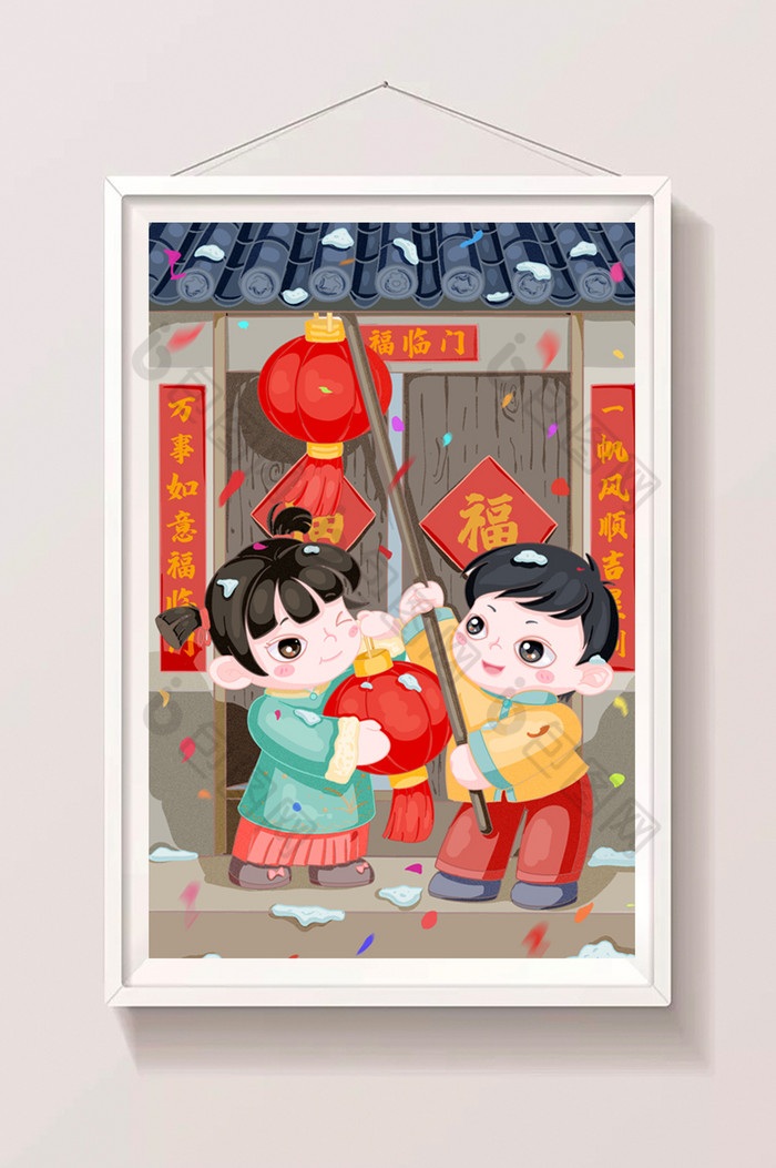 新年元旦跨年春节挂灯笼小孩喜庆红色插画