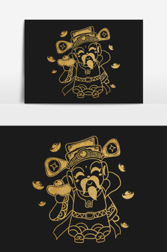 金色烫金线描春节财神图片