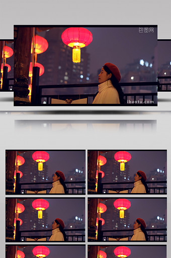 4K实拍中国年味红灯笼下的美女慢慢睁开眼图片