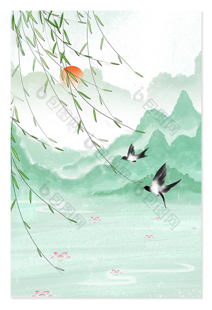 古风立春二十四节气春天绿柳燕子背景