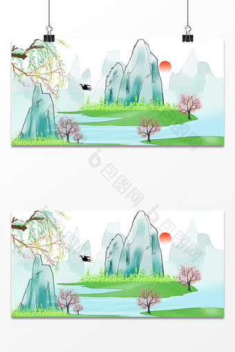 古风立春二十四节气春天绿色山水背景图片