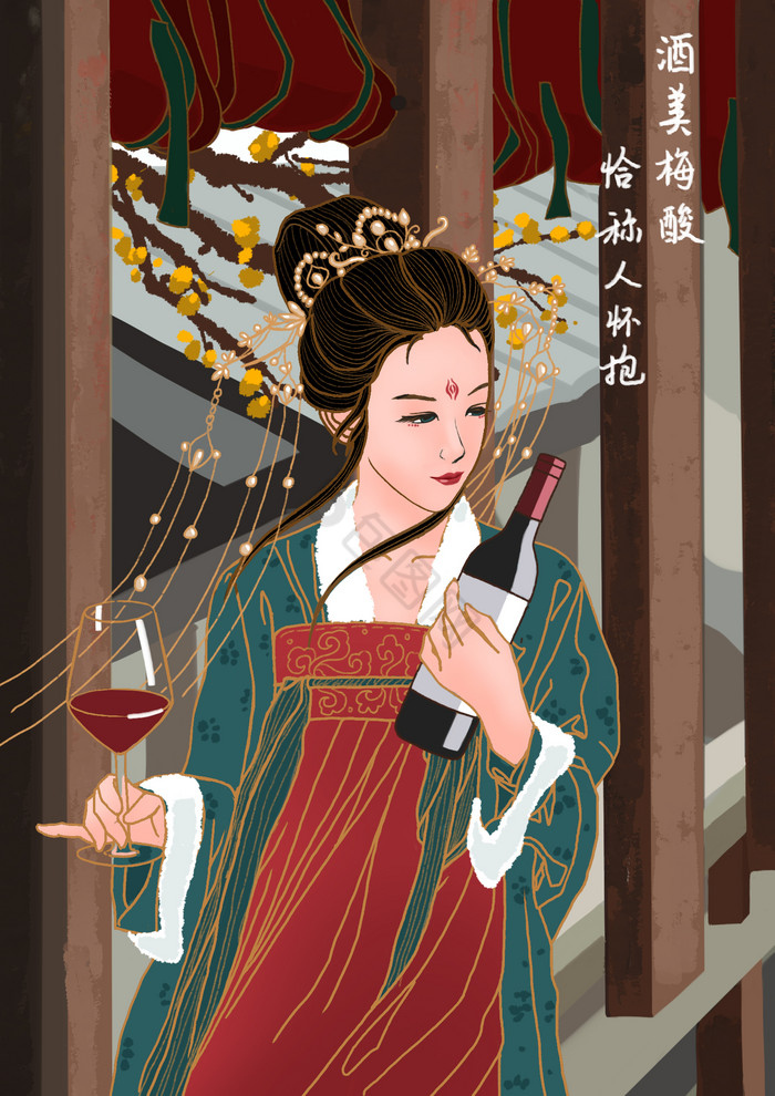 红古风美女插画图片