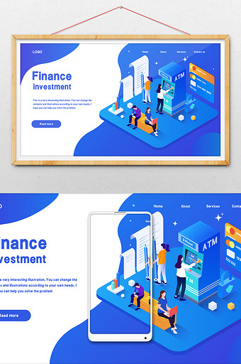 2.5D蓝色金融科技安全取钱插画图片