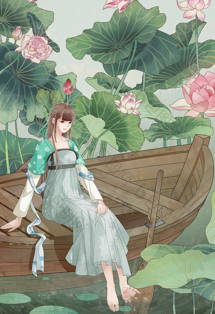 古风少女荷叶间戏水插画图片