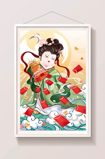 红色古风国潮小仙女牛年春节红包雨插画图片