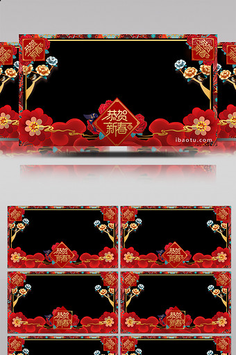 恭贺新春红色花朵民族风格背景边框图片