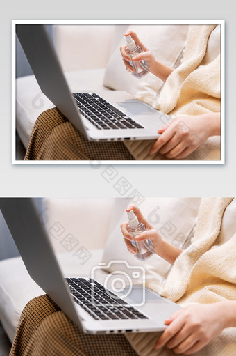 冬日居家女性酒精消毒清洁电脑图片