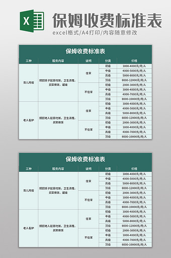 保姆收费标准表excel模板图片