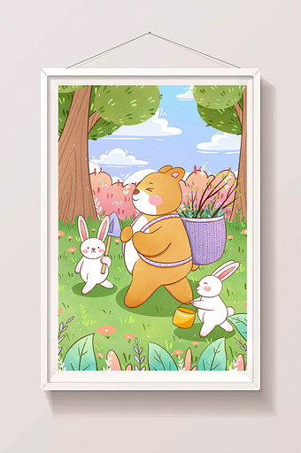 小熊与兔子一起去植树插画图片