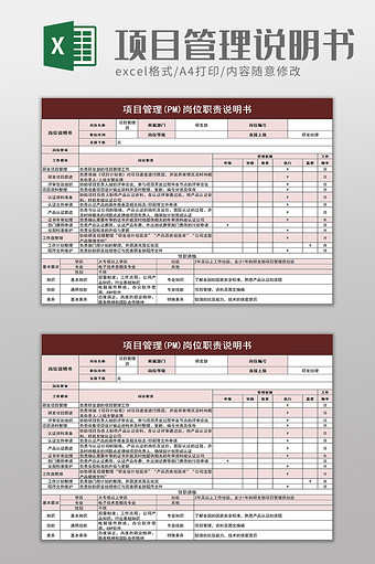 项目管理岗位职责说明书excel模板图片