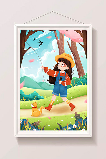 清新二十四节气春分放风筝女孩与猫插画图片