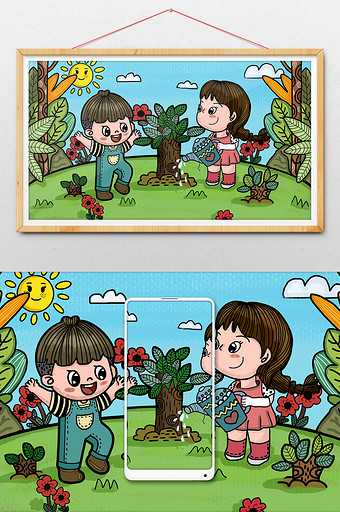 小清新植树节孩子们种树春季环保手绘插画图片