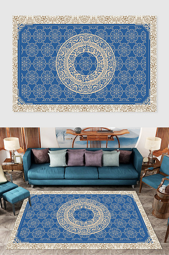 蓝色中式民族风扎染印花纹图案地毯图片