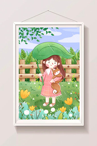 谷雨节气女孩与松鼠插画图片