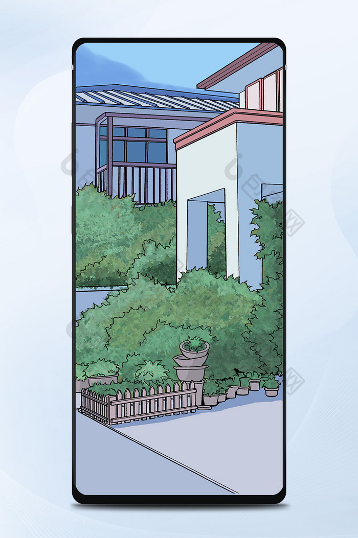 彩色漫画风格建筑门前植物手机壁纸图片推荐图片图片