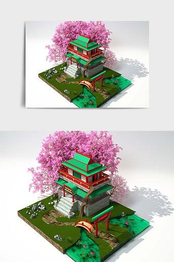 春季古建樱树池塘风景主题C4D创意场景图片