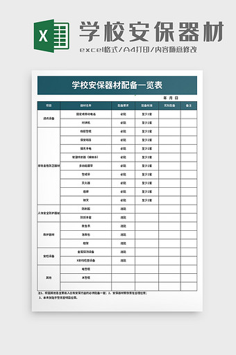 学校安保器材配备一览表excel模板图片