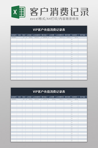 VIP客户充值消费记录表excel模板图片