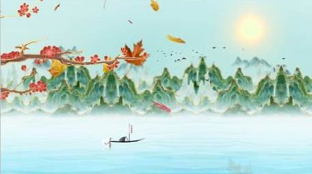 水墨鎏金风格国风山水小船背景视频AE模板