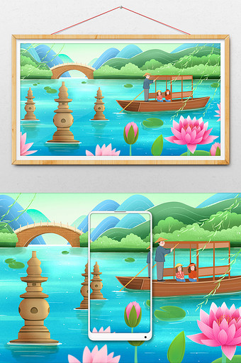春天杭州西湖旅游划船插画图片
