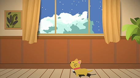 温馨夜晚猫暖黄灯光室内安静卡通情景剧背景