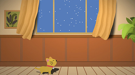 温馨夜晚猫暖黄灯光室内安静卡通情景剧背景