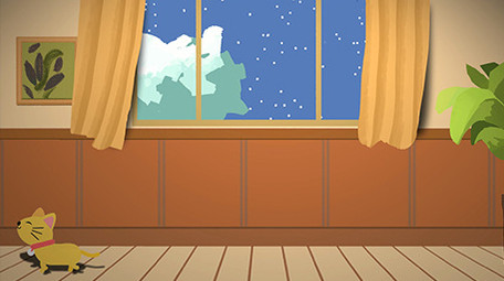 温馨夜晚猫暖黄灯光室内安静卡通情景剧背景