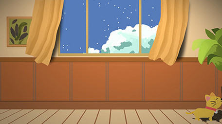 温馨夜晚猫暖黄灯光室内安静卡通情景剧背景