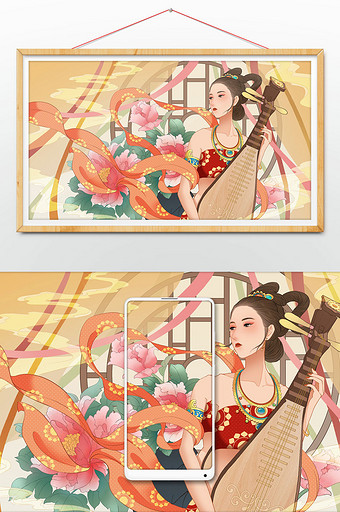 暖色中国特色文化敦煌古风美女琵琶牡丹插画图片