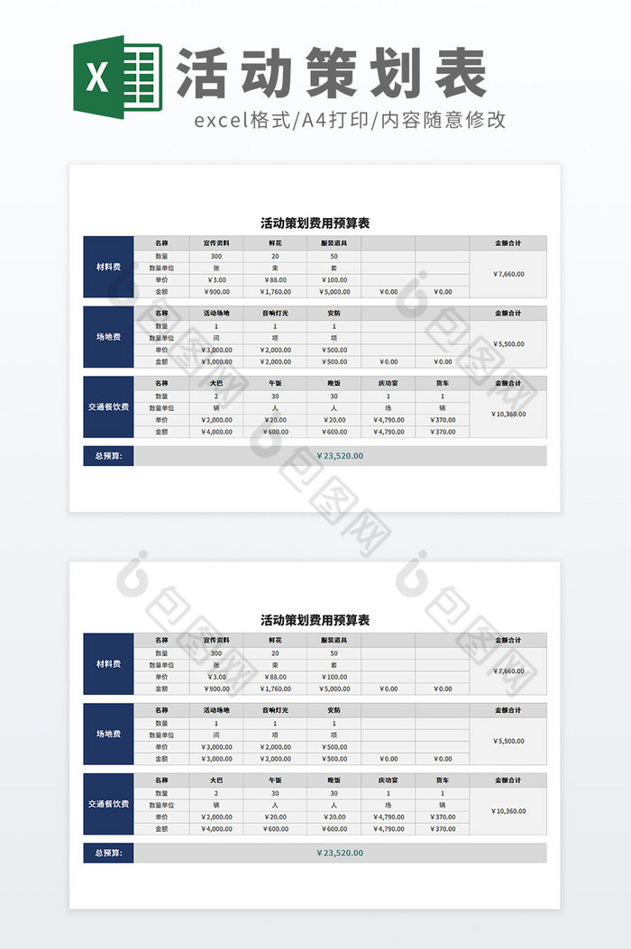 活动策划活动方案活动费用预算表