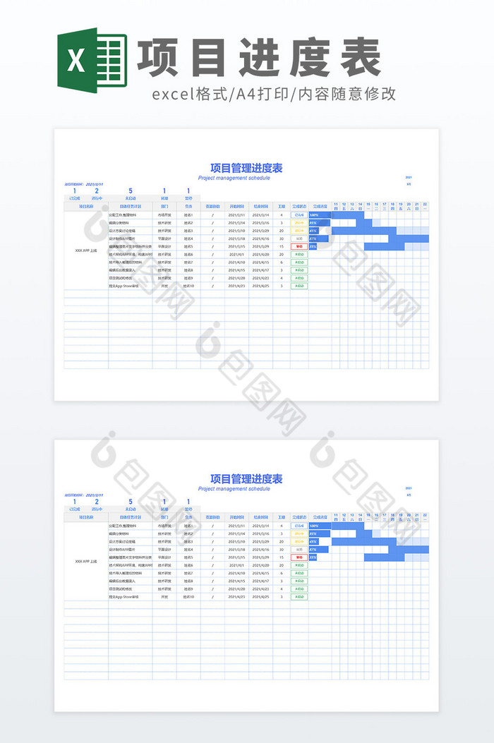 项目管理进度表自动甘特图Excel模板图片图片