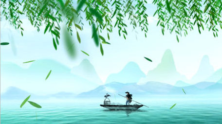 4K中国风水墨山水春天柳条背景视频