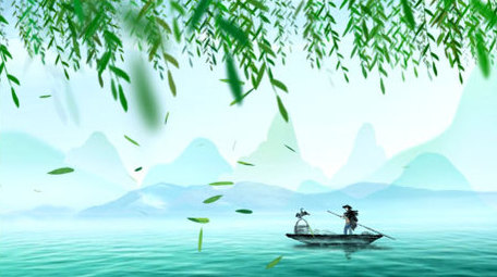 4K中国风水墨山水春天柳条背景视频