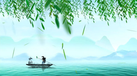 4K中国风水墨山水春天柳条背景视频