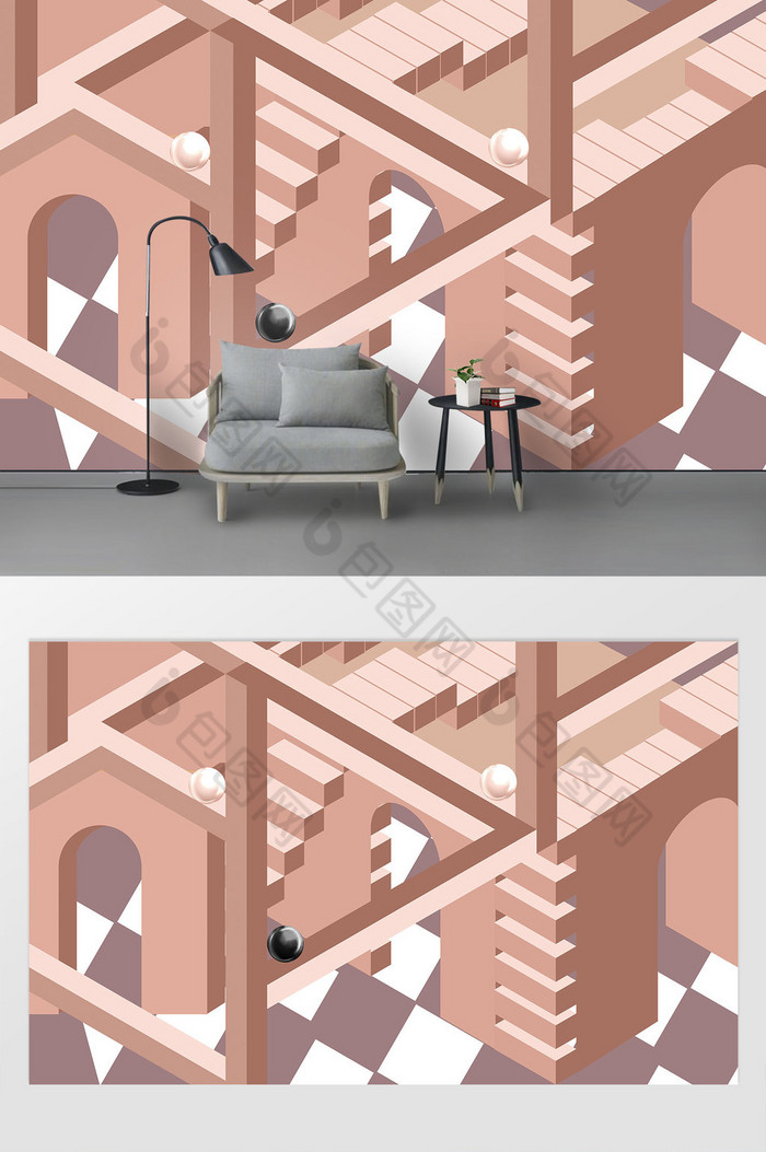 原创3d建筑莫兰迪色系创意立体空间背景墙图片图片