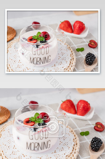 美食车厘子草莓黑莓水果酸奶摄影图图片
