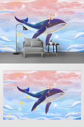 手绘海洋水生物梦幻大鲸鱼天空北欧背景墙图片