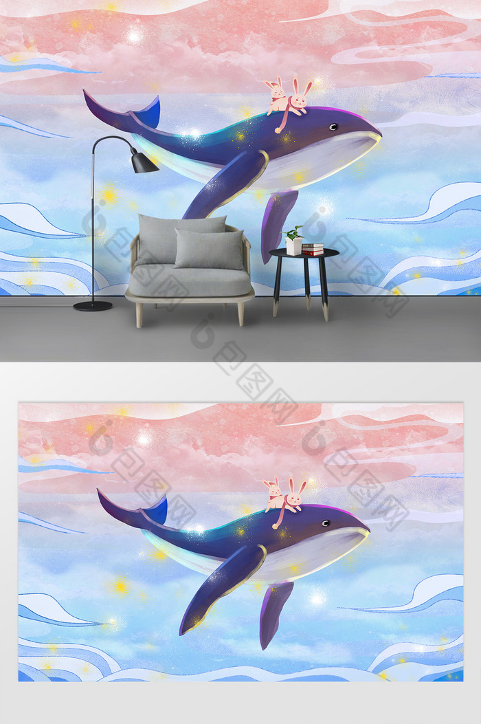 手绘海洋水生物梦幻大鲸鱼天空北欧背景墙图片图片