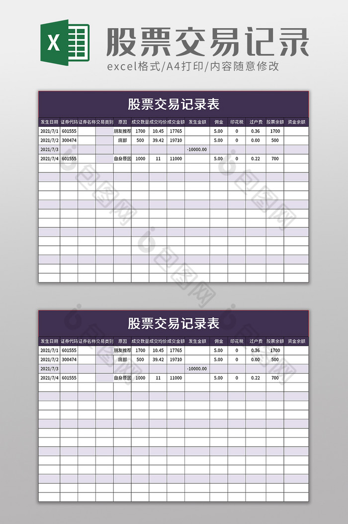 股票交易记录表excel模板图片图片