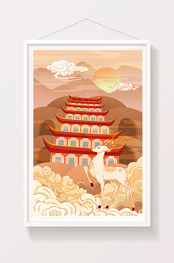 唯美国潮中国风敦煌莫高窟沙漠仙鹿插画图片