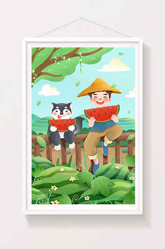夏天立夏瓜田吃西瓜的男孩和狗狗插画图片