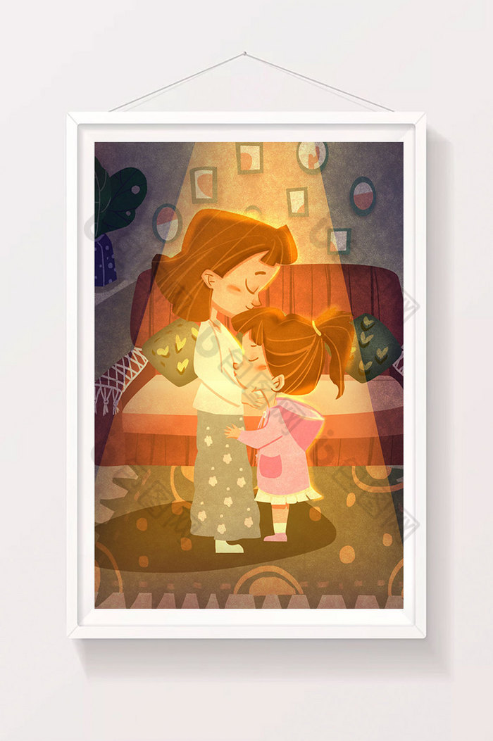 母亲节Q版风妈妈宝宝室内温馨拥抱插画图片图片