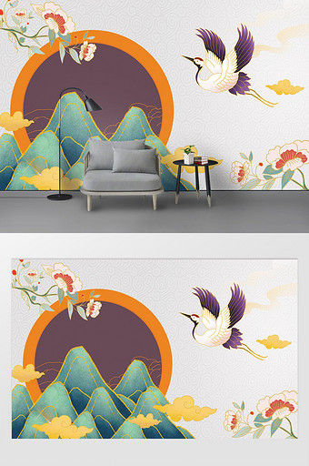 中式国潮花鸟背景墙图片