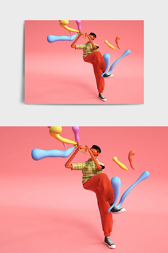 多彩卡通风格夏季男生吹小号主题C4D元素图片