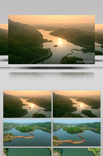 4k航拍阳光下湖水连廊湖光山水自然风景图片