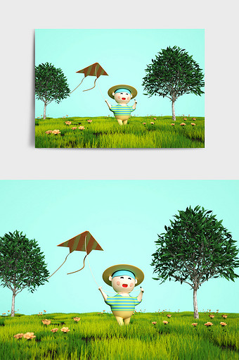 绿色草地春季踏青男孩放风筝主题C4D元素图片