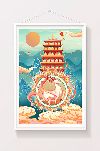 国潮中国风敦煌风山水建筑仙鹿海报插画图片