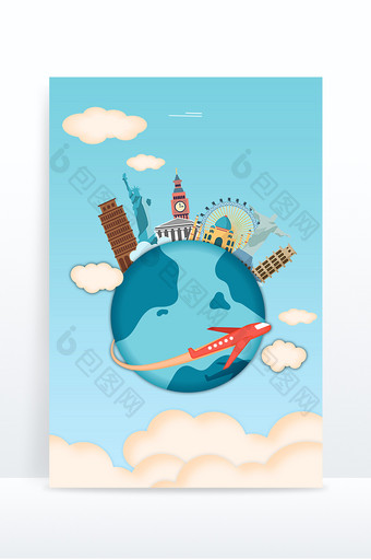 简约卡通旅行比萨斜塔景点环球旅游地球背景图片