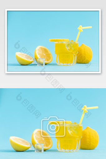 夏日柠檬冷饮创意蓝色背景图片