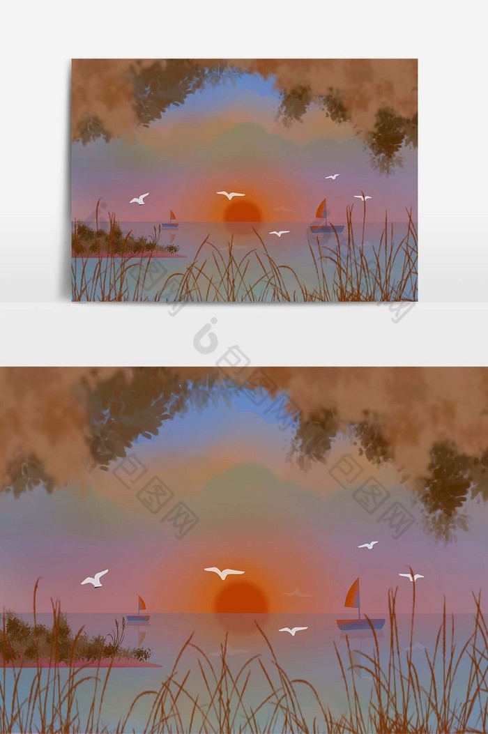 天空海鸥帆船云平静海面海洋日落夕阳图片图片